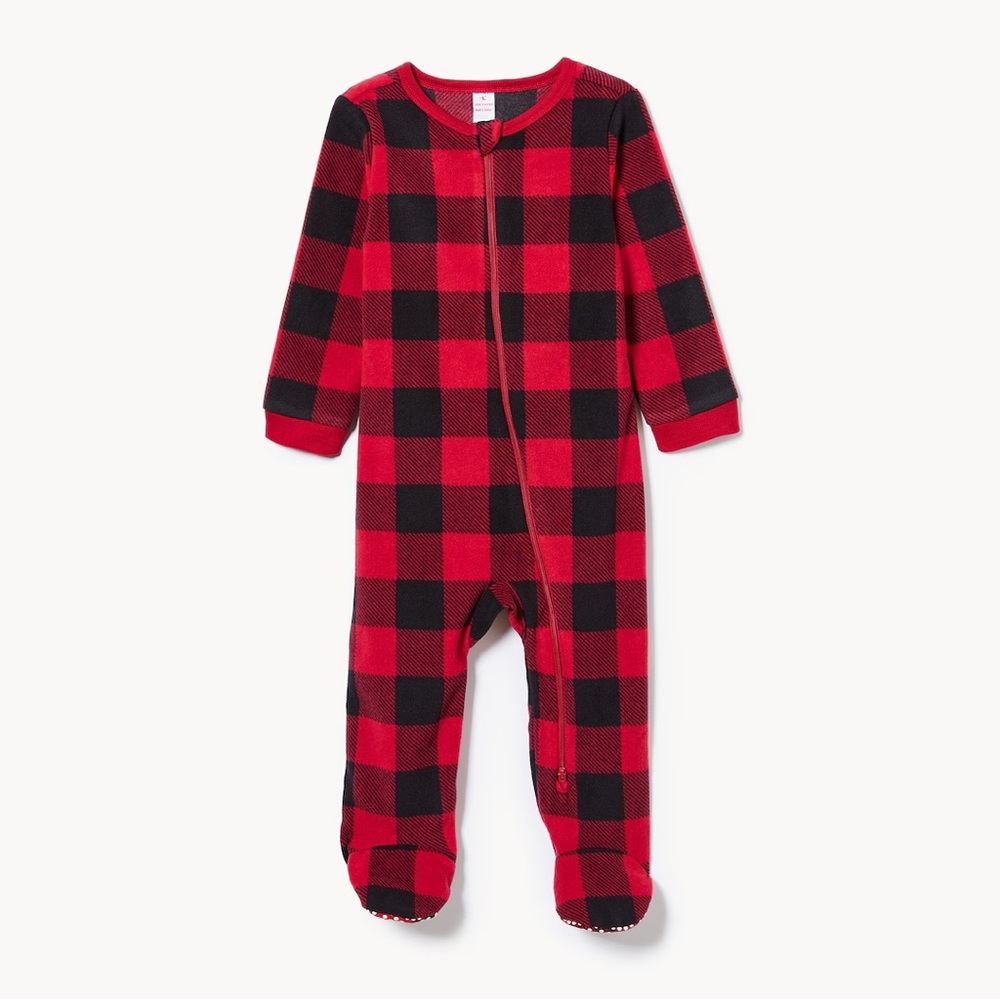 4/$20💥Fleece Buffalo Plaid Winter Footed One Piece Pajamas, Red Black, Unisex